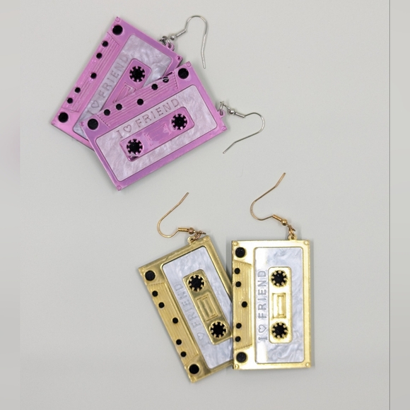 Hot Pink & Neon Acrylic "I ❤️ Friends" Cassette Tape Earrings (Set) - Picture 2 of 4